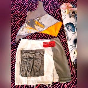 Grungecore Distressed Khaki Highwaist Slit Mini Skirt skater girl reworked Y2k